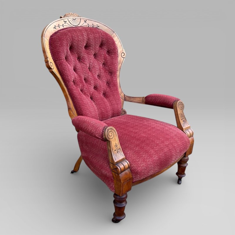 Antique Victorian Satin Burch Red Button Back Armchair with Turned Legs - Image 2